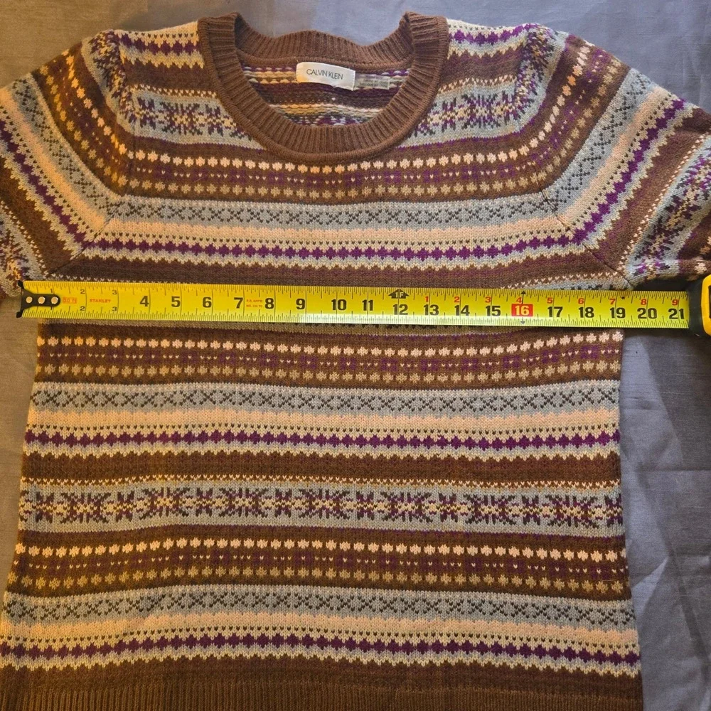 Calvin Klein Fair Isle Long Sleeve‎ Crew Neck Sweater Women's M Brown EUC
